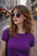 Model wearing Betty’s Retro Shades Angelica sunglasses in marbled purple