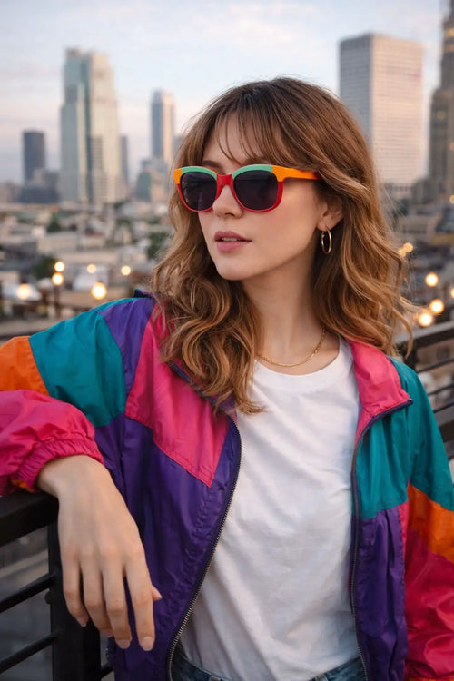 Model wearing Betty’s Retro Shades Angelica sunglasses in marbled red