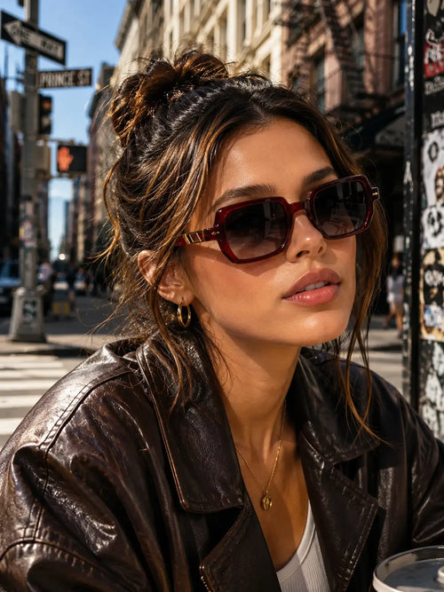 Model wearing Betty’s Retro Shades Beatrice sunglasses in clear red