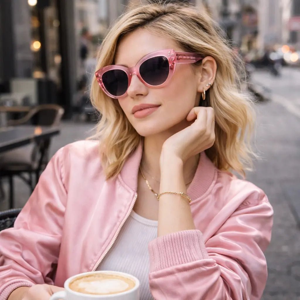 Model wearing Betty’s Retro Shades Candy sunglasses in clear pink