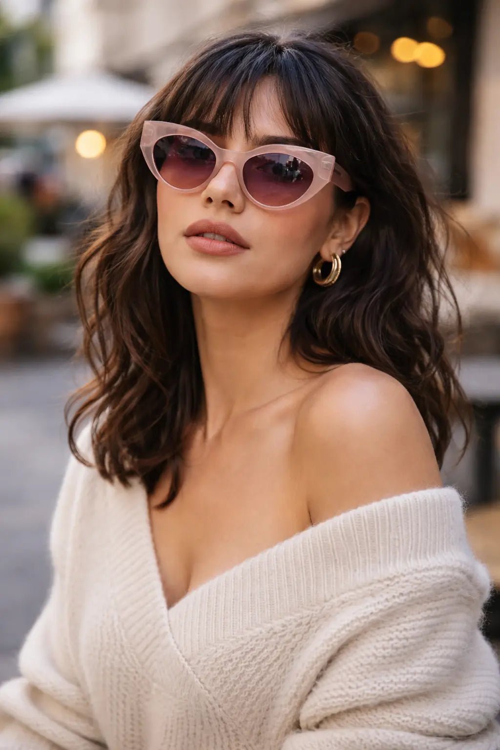 Model wearing Betty’s Retro Shades Carlotta sunglasses in brown
