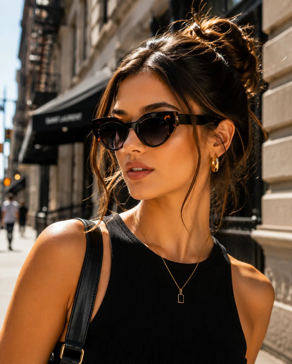 Model wearing Betty’s Retro Shades Carlotta sunglasses in marbled black