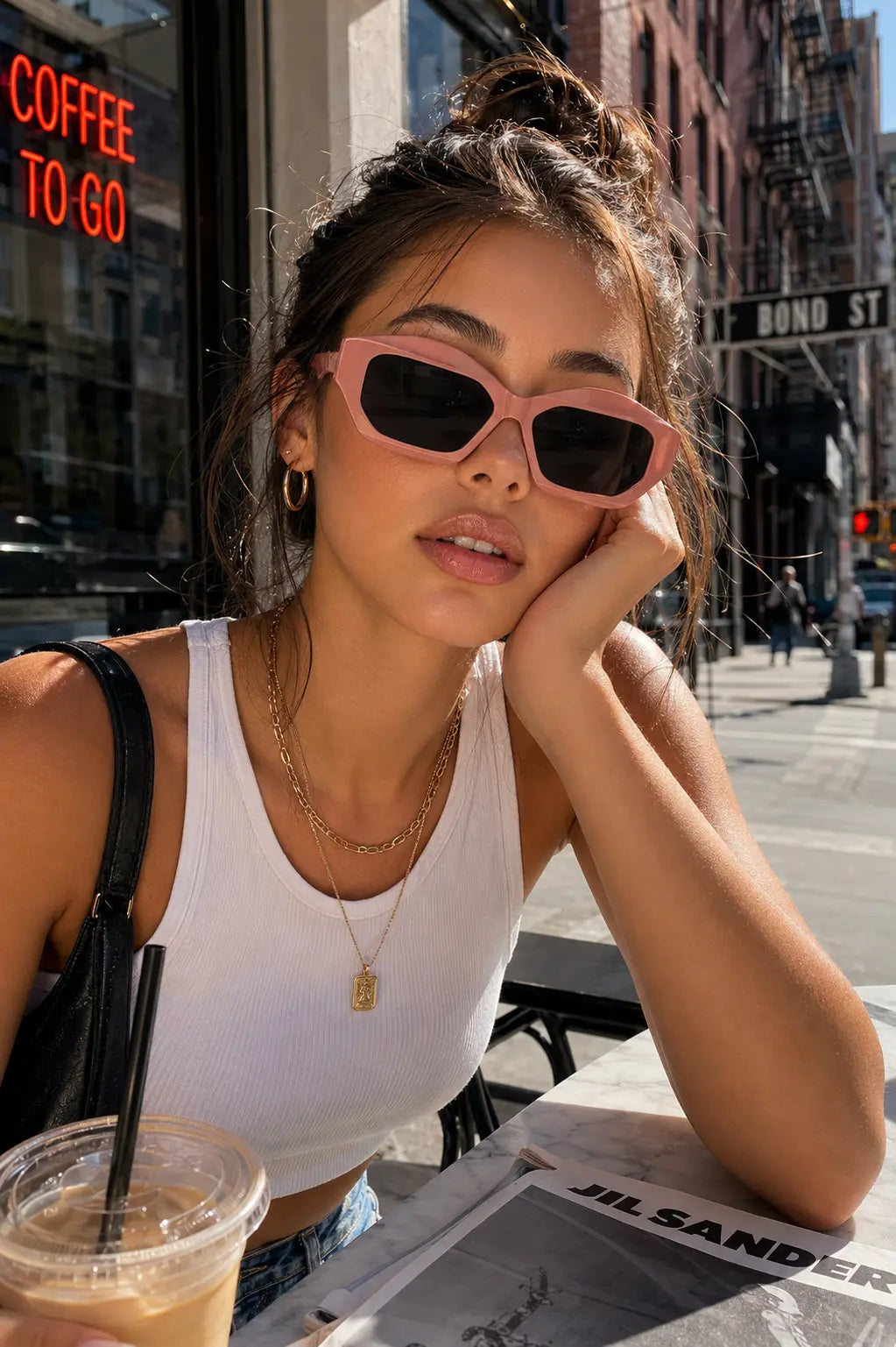 Model wearing Betty’s Retro Shades Daphne sunglasses in pink