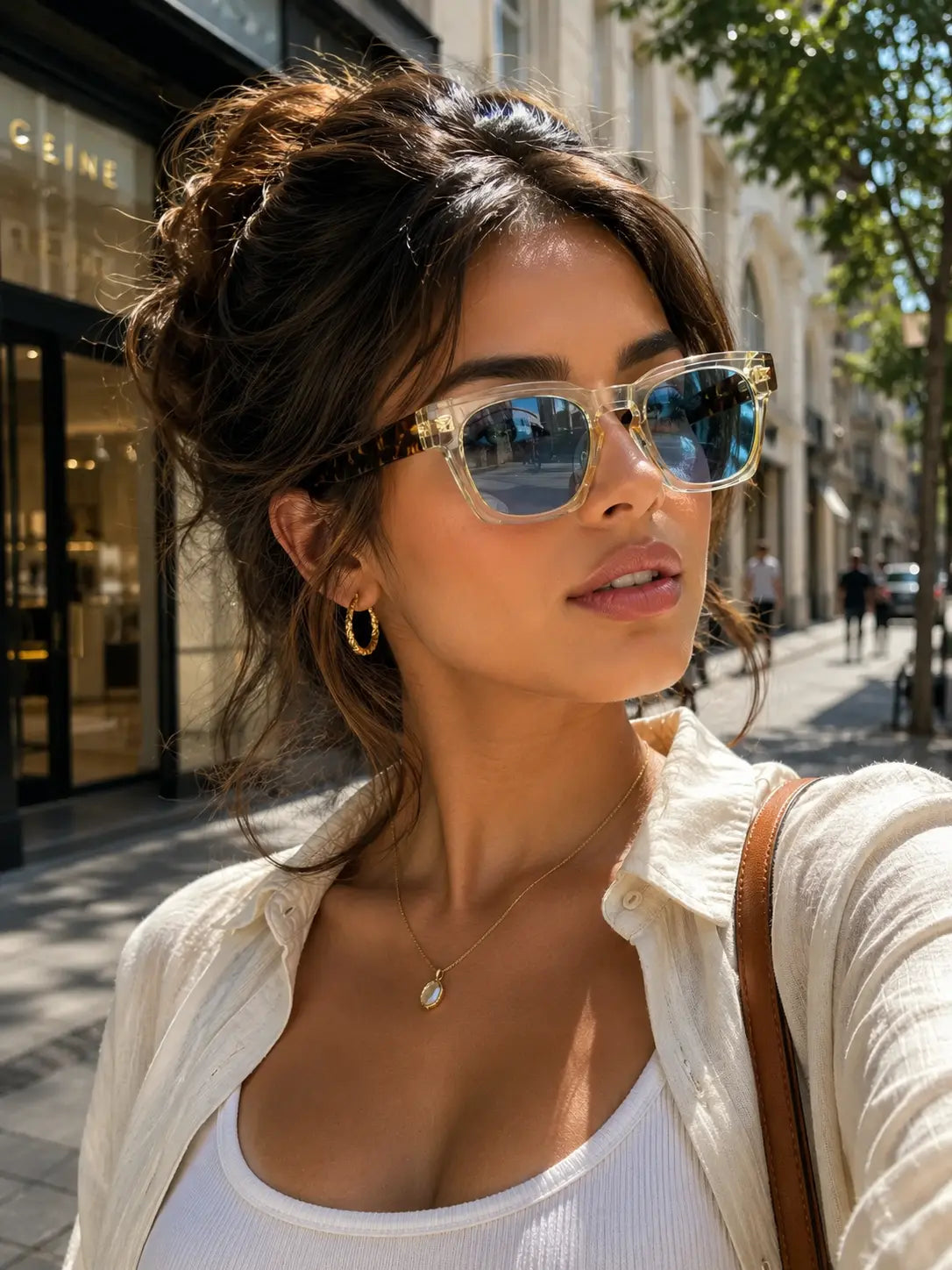 Model wearing Betty’s Retro Shades Delilah sunglasses in clear yellow