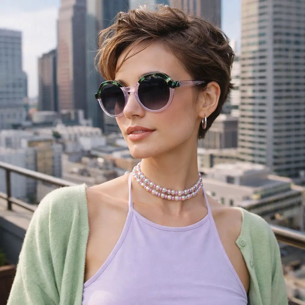 Model wearing Betty’s Retro Shades Dotty sunglasses in marbled purple