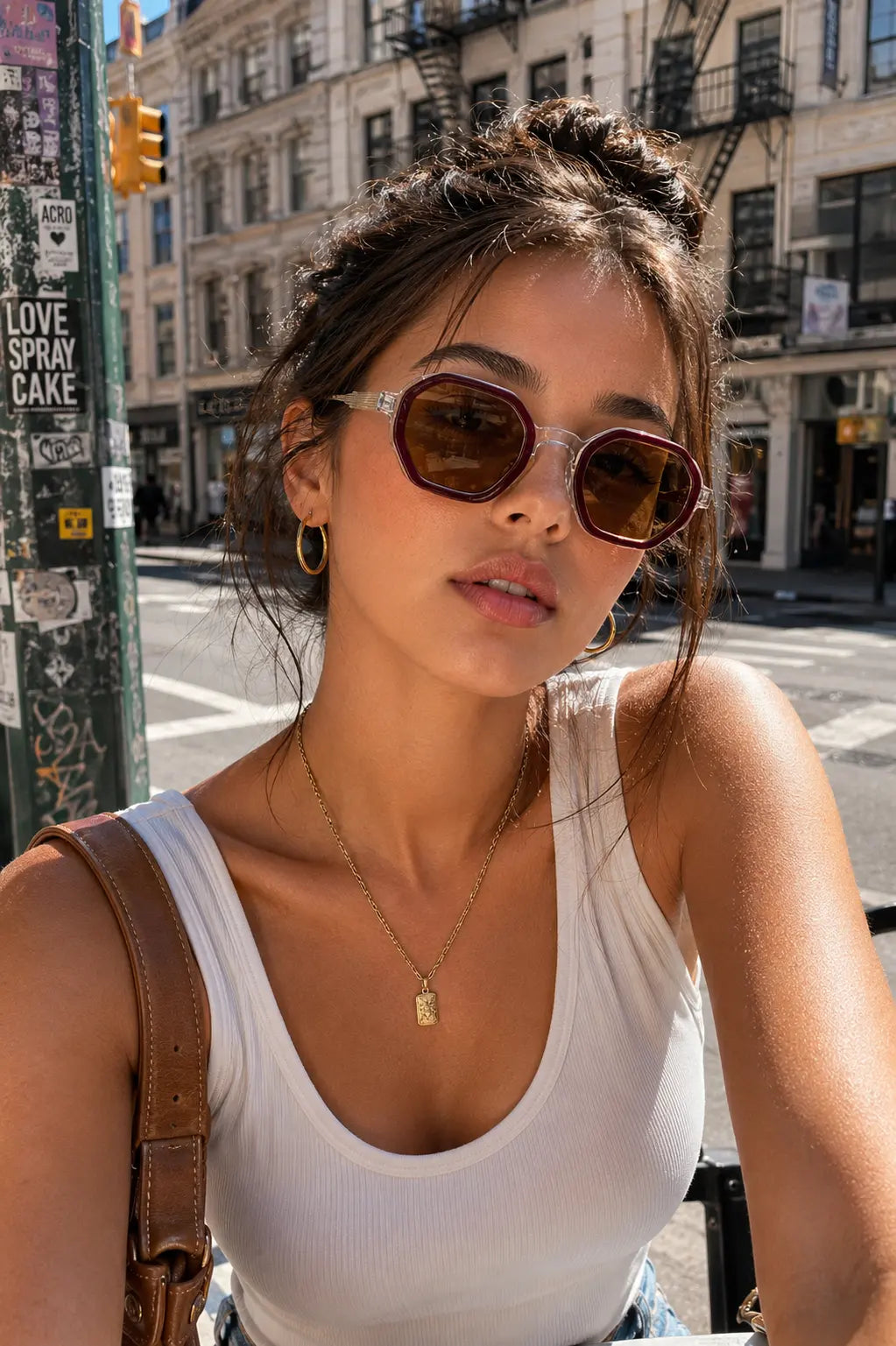 Model wearing Betty’s Retro Shades Elise sunglasses in brown
