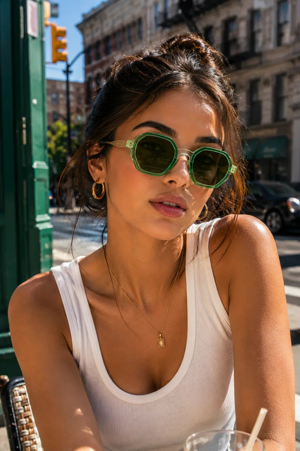 Model wearing Betty’s Retro Shades Elise sunglasses in clear green