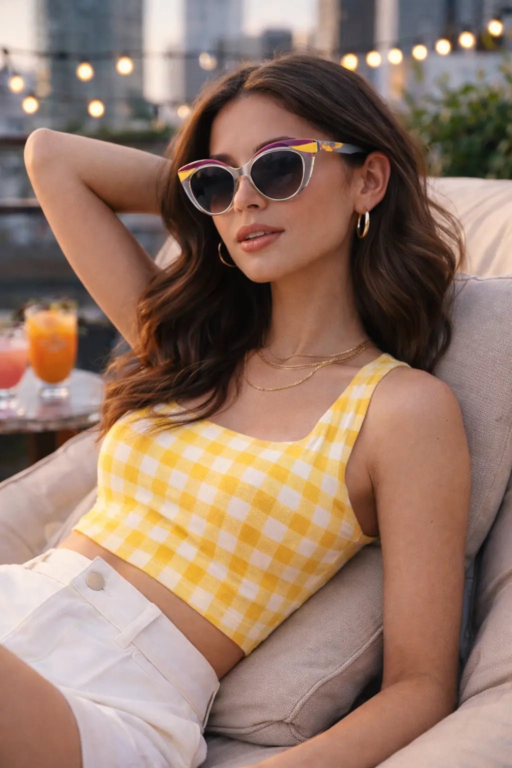 Model wearing Betty’s Retro Shades Evelyn sunglasses in frost