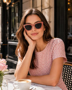 Model wearing Betty’s Retro Shades Faye sunglasses in pink