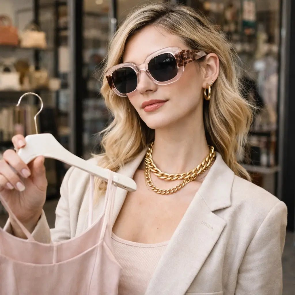 Model wearing Betty’s Retro Shades Ivy sunglasses in Marbled Pink
