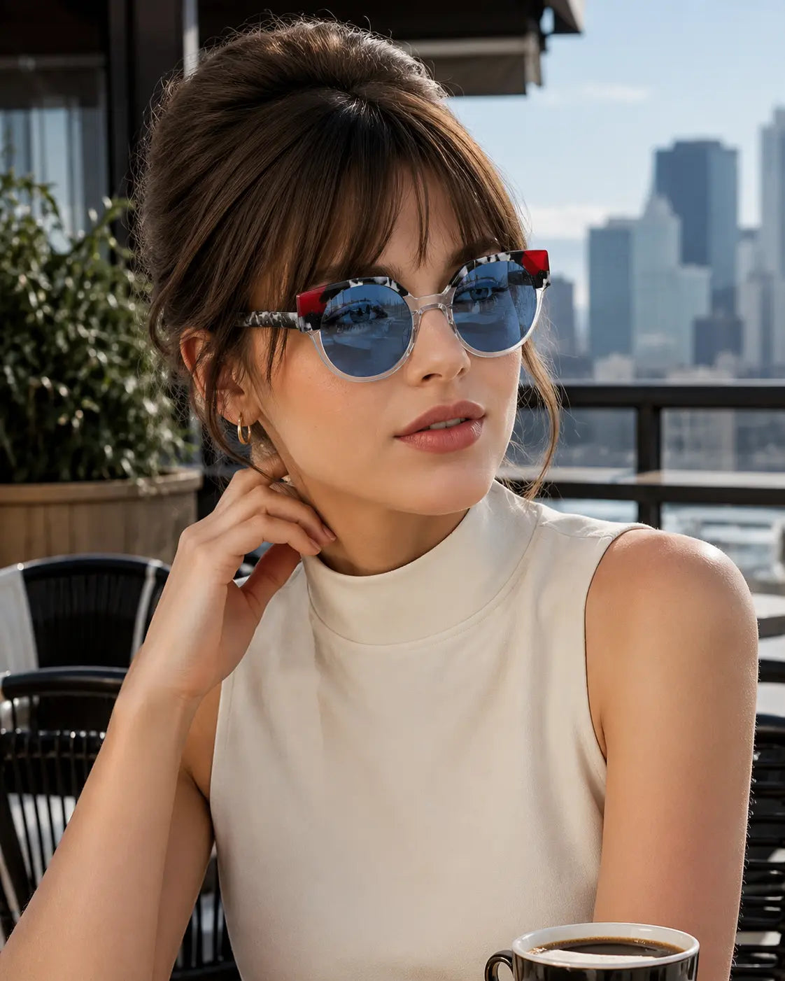 Model wearing Betty’s Retro Shades Joyce sunglasses in frost