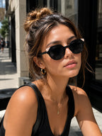 Model wearing Betty’s Retro Shades Joyce sunglasses in marbled black