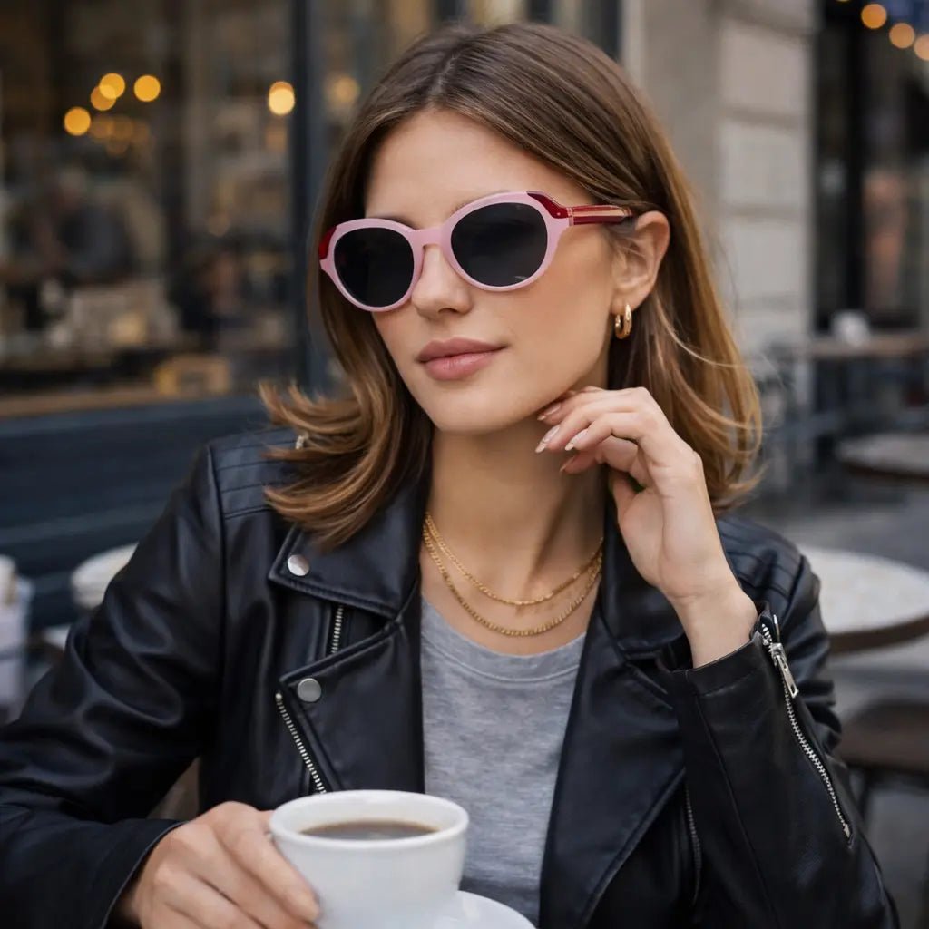 Model wearing Betty’s Retro Shades Judith sunglasses in marbled pink