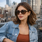 Model wearing Betty’s Retro Shades Judith sunglasses in tortoiseshell