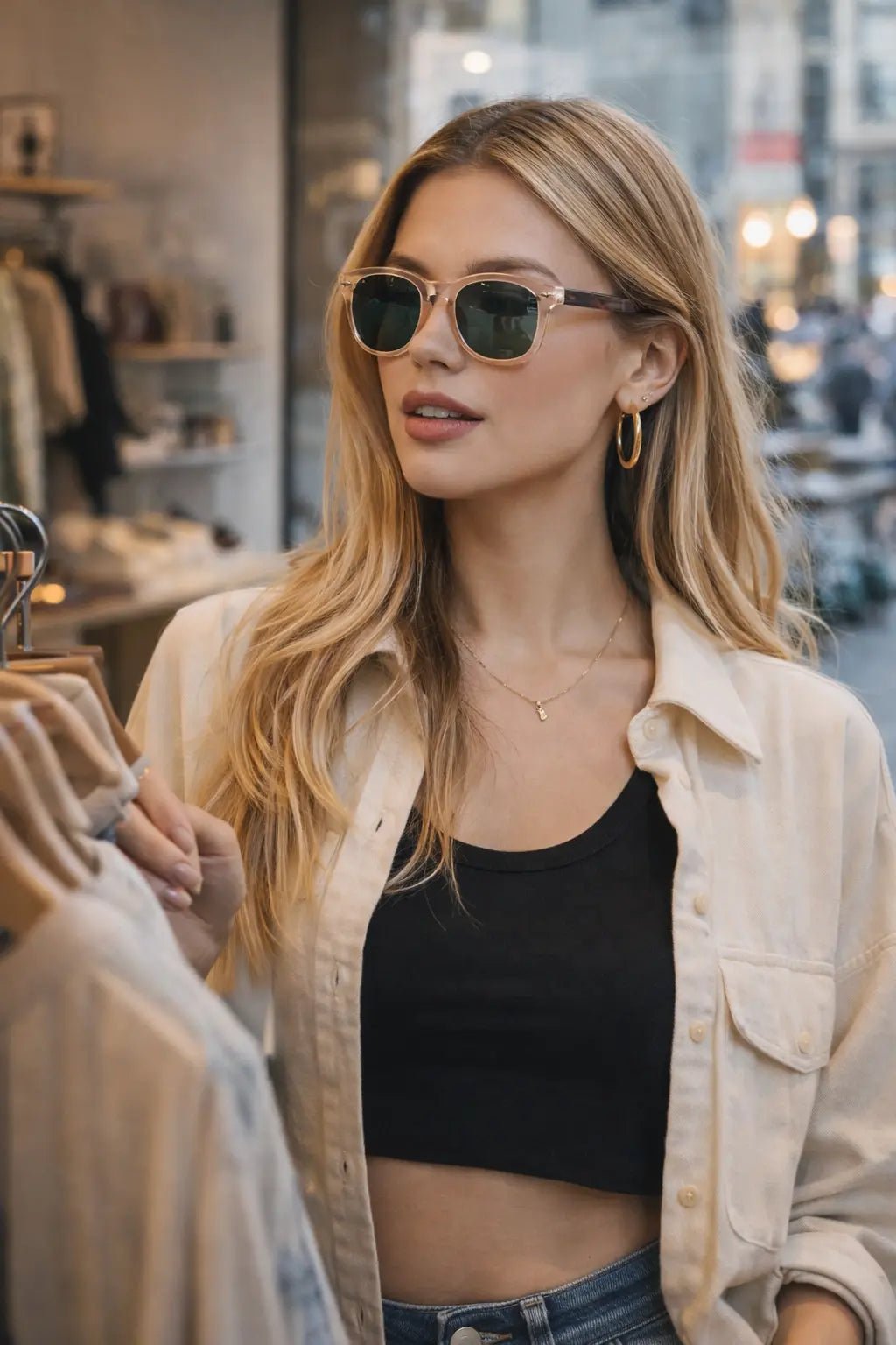 Model wearing Betty’s Retro Shades Lana sunglasses in clear brown