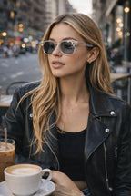 Model wearing Betty’s Retro Shades Lana sunglasses in clear grey