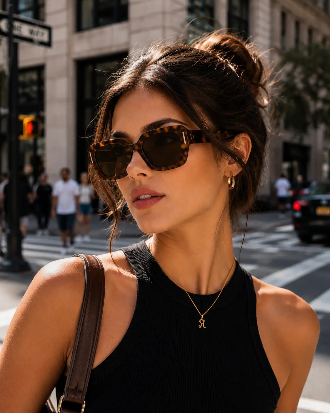 Model wearing Betty’s Retro Shades Magnolia sunglasses in tortoiseshell