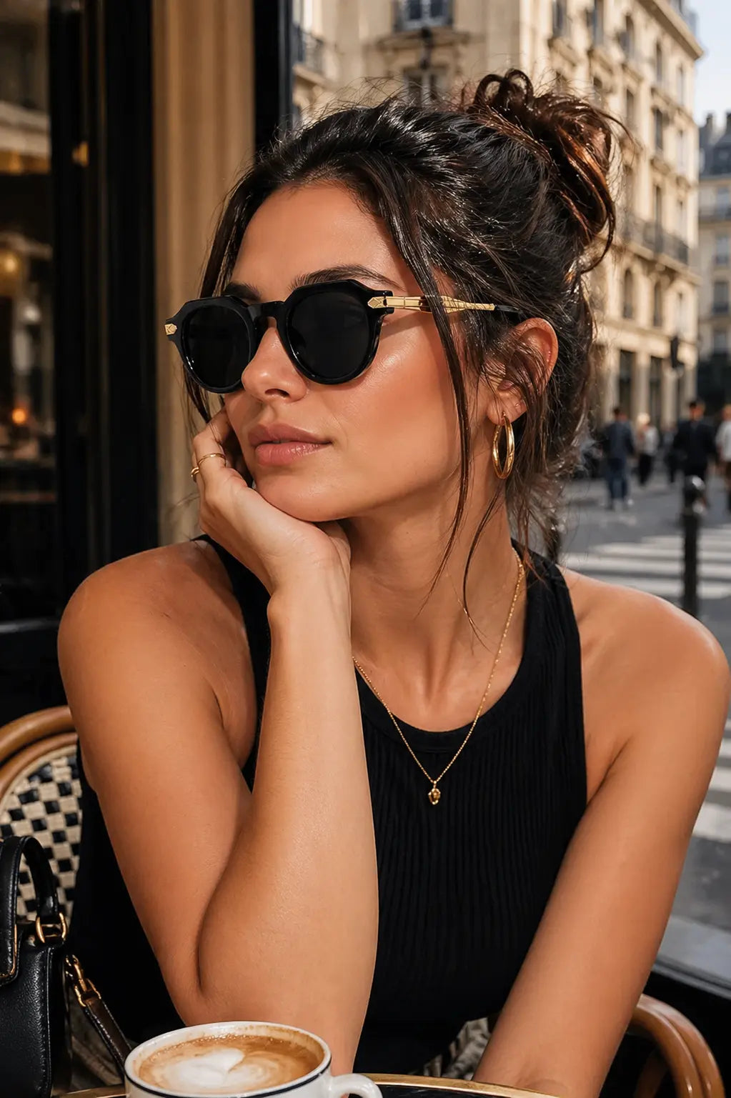Model wearing Betty’s Retro Shades Mitzi sunglasses in black