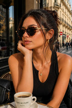Model wearing Betty’s Retro Shades Mitzi sunglasses in tortoiseshell