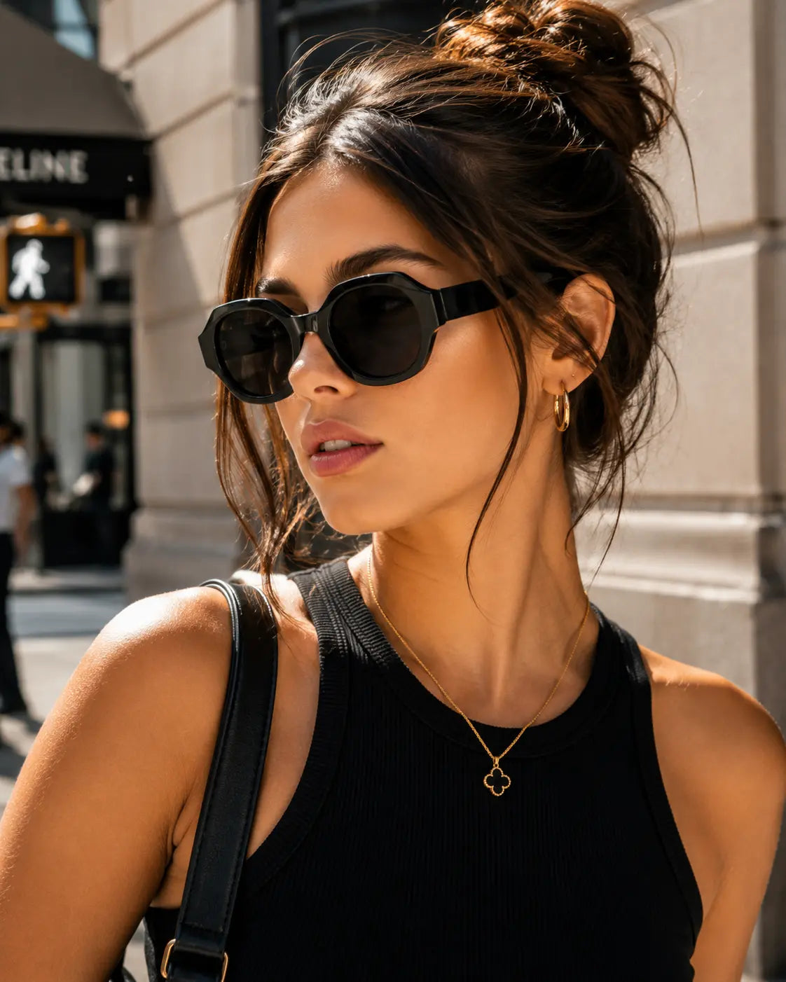 Model wearing Betty’s Retro Shades Octavia sunglasses in black