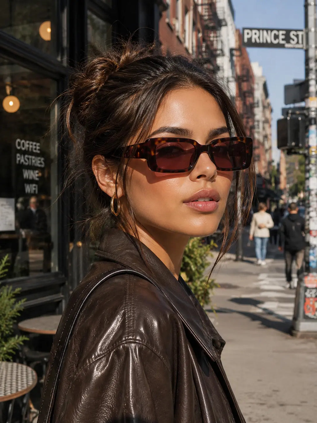 Model wearing Betty’s Retro Shades Penelope sunglasses in tortoiseshell