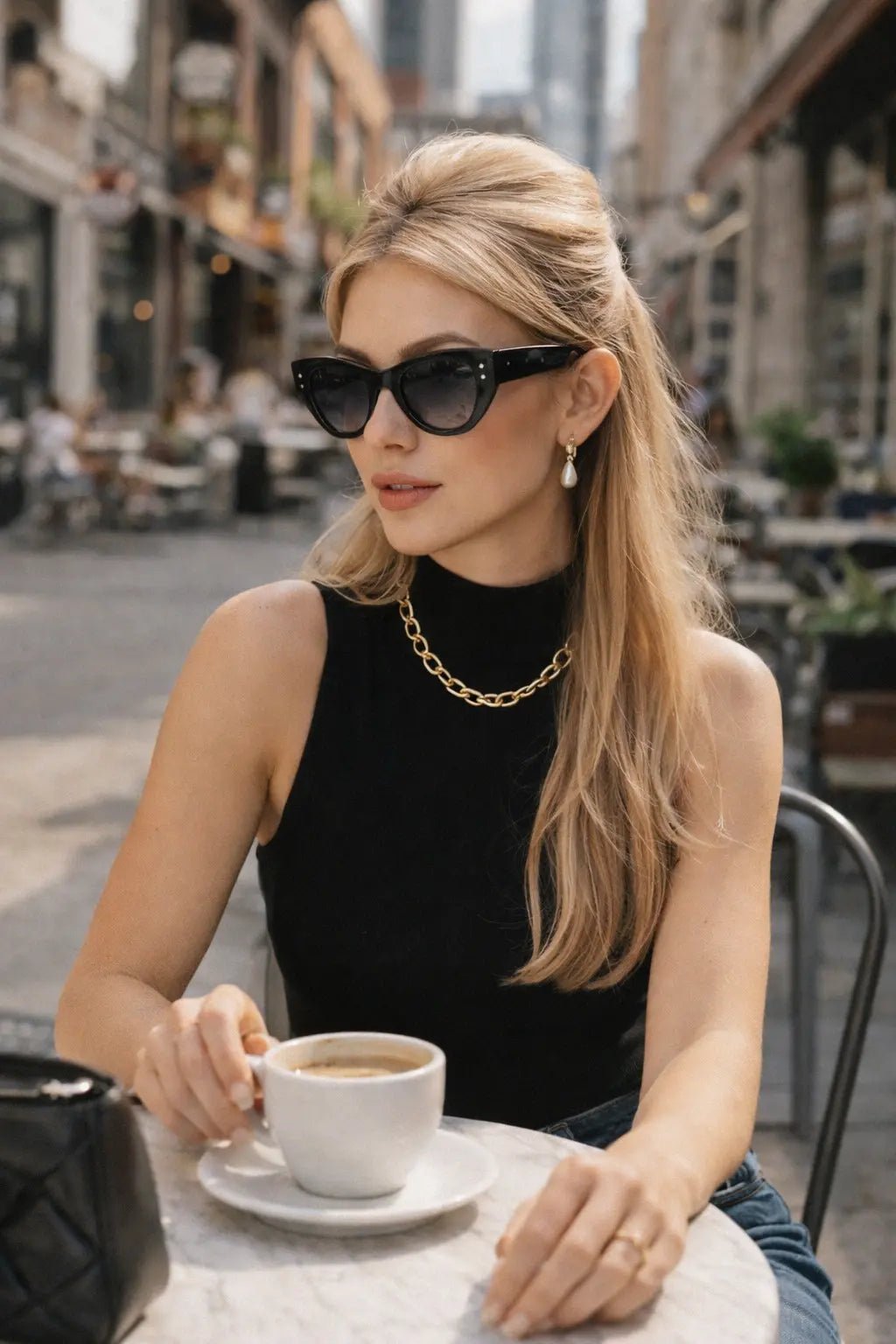 Model wearing Betty’s Retro Shades Phyllis sunglasses in black