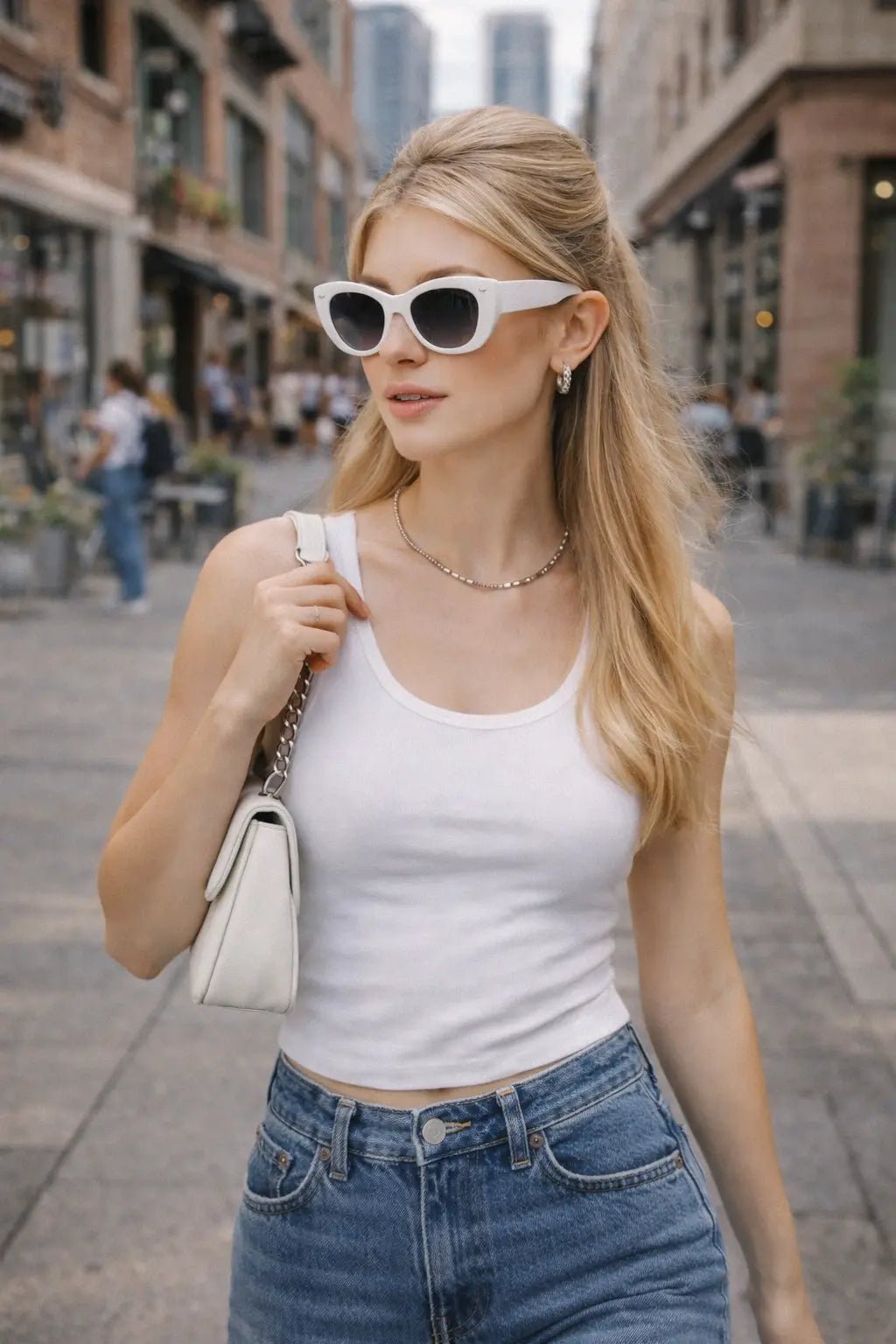 Model wearing Betty’s Retro Shades Phyllis sunglasses in white