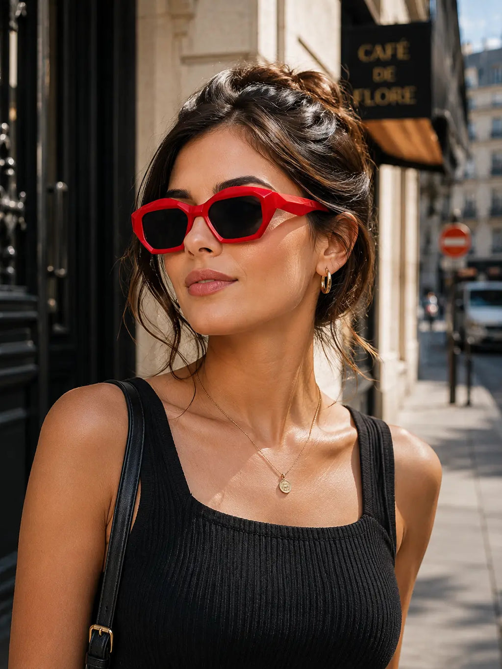 Model wearing Betty’s Retro Shades Roxie sunglasses in red