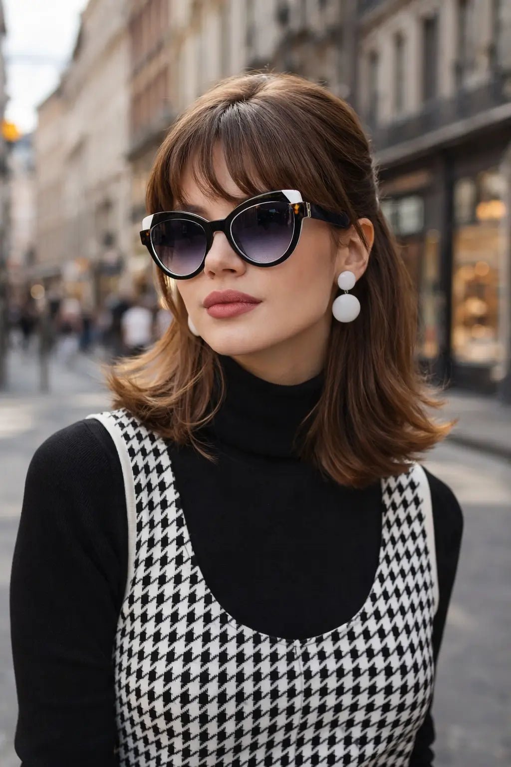 Model wearing Betty’s Retro Shades Sylvia sunglasses in marbled black